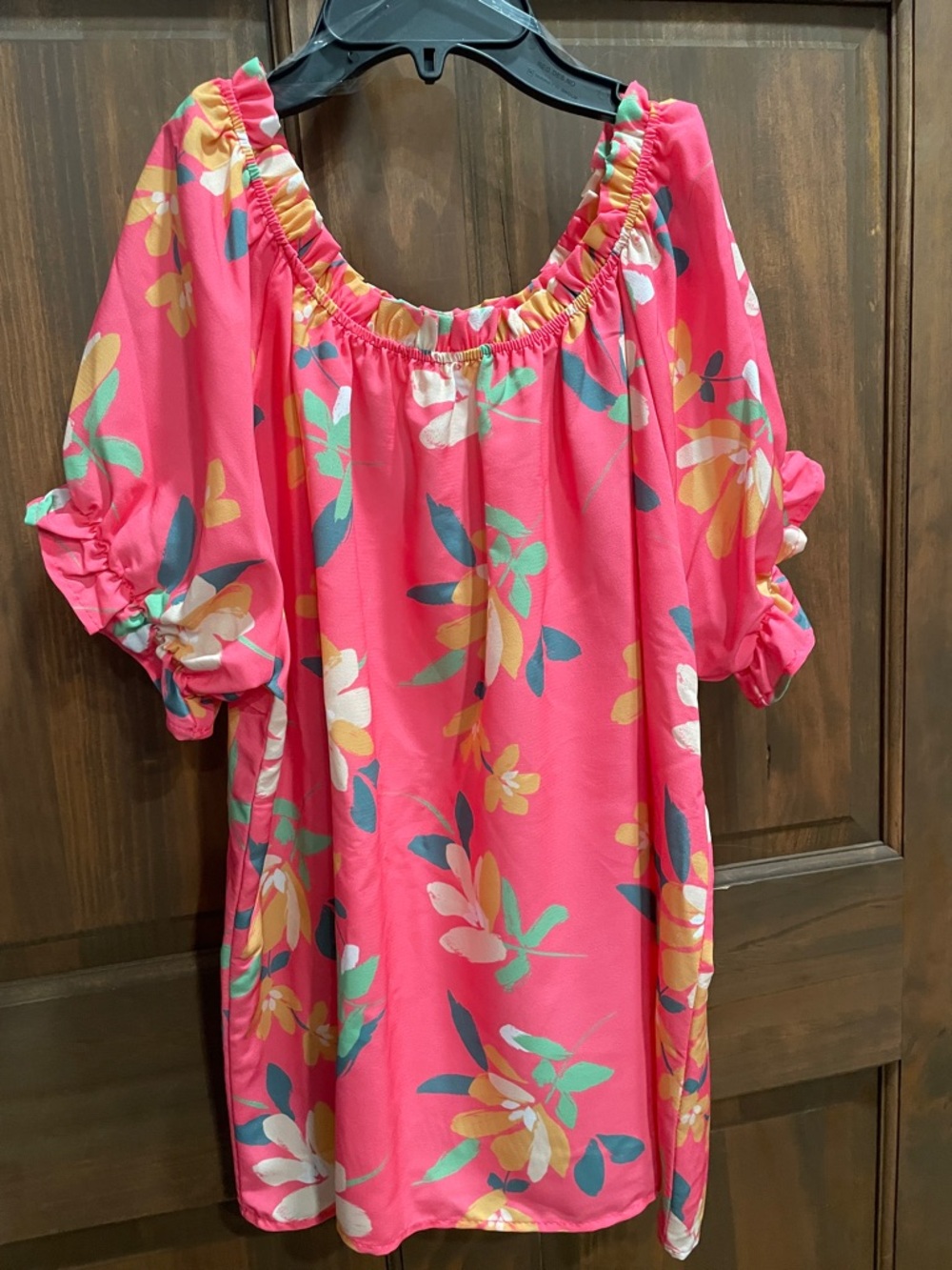 Bright Pink Floral Elastic Neckline Blouse